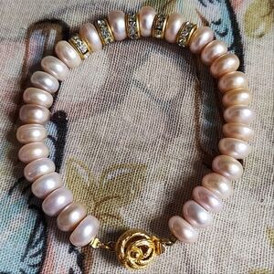 Pink Faux Donut Pearl Crystal Gold Rondelles Gold Tone Clasp Vintage Bracelet